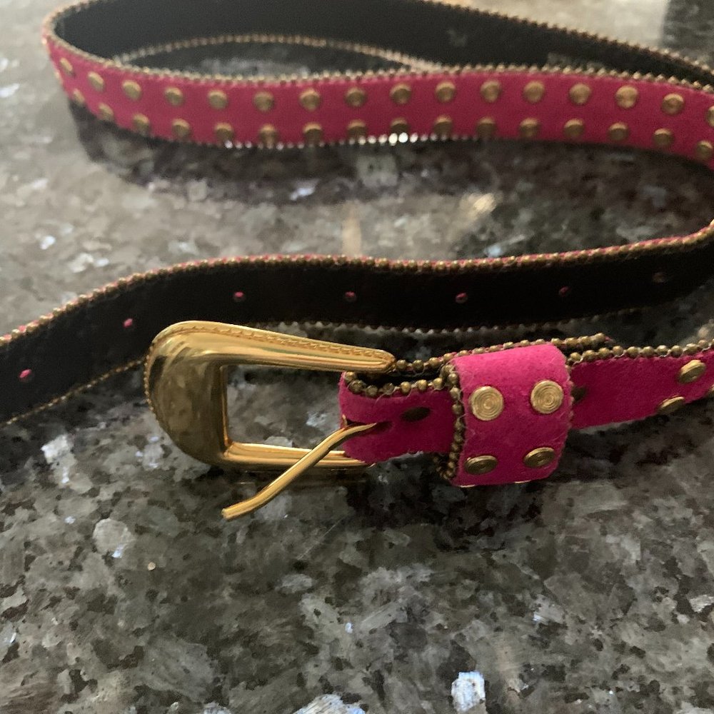 Pink Suede Belt with Brass Tone Brads & Beads